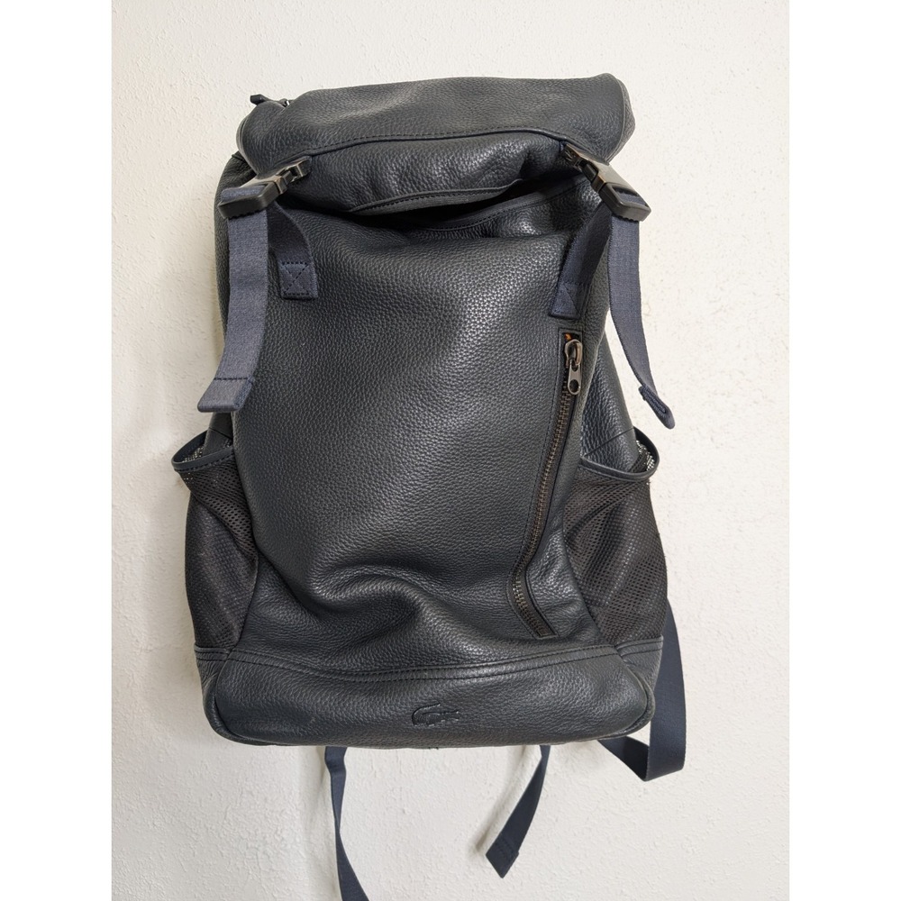 Rare Lacoste Large Black Leather Backpack Orange Interior Pockets Mesh Buckle‎